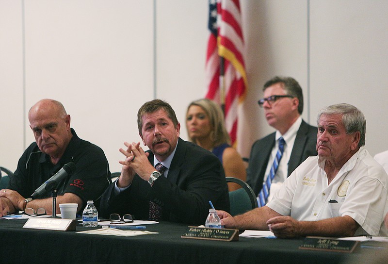 Staff photo by Erin O. Smith / Catoosa County Chairman Steven Henry, center, speaks during the opening of a work session Monday, July 31, 2017, at the Catoosa County Colonnade in Ringgold, Ga. The Catoosa County Commission, Ringgold City Council and Fort Oglethorpe City Council held an Intergovernmental Work Session to discuss how to divide sales tax revenue, the state of the county jail and more.