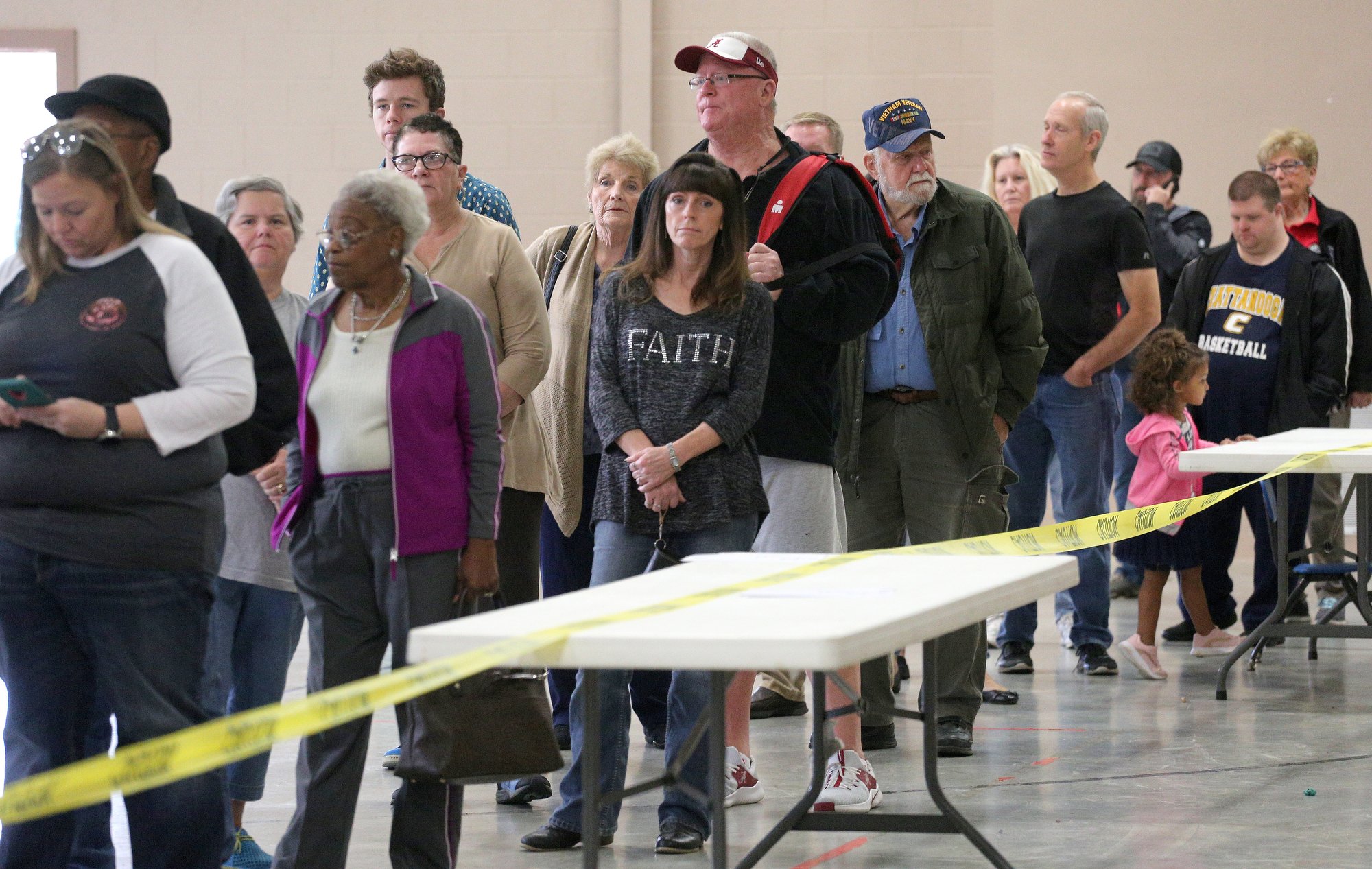 Lines stretch the length of the gymnasium for voting Tuesday, November 6, 2018 at the Chattanooga Valley Church of the Nazarene in Flintstone, Georgia. Voter turnout was much higher than normal, according to election officials working the site.