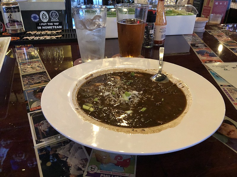 A bowl of chicken, duck and andouille gumbo with rice is $13 at Parkway Pourhouse. (Photo by Jim Tanner)