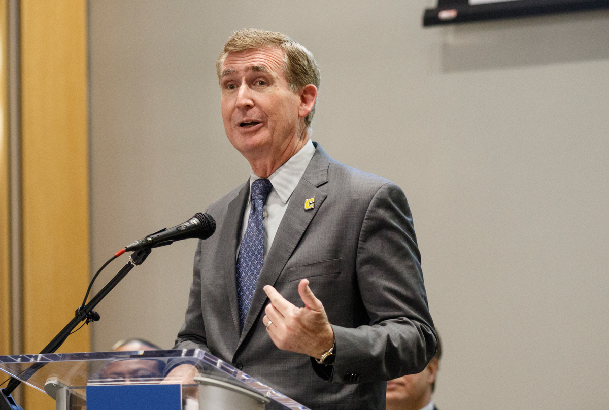 Chancellor Steven Angle speaks during a visit by Gov. Bill Haslam to the campus of the University of Tennessee at Chattanooga on Thursday, Nov. 8, 2018, in Chattanooga, Tenn. Gov. Haslam released the fifth annual report by the Employment First Task Force during the visit, which shows the task force's efforts to increase employment for people with disabilities.
