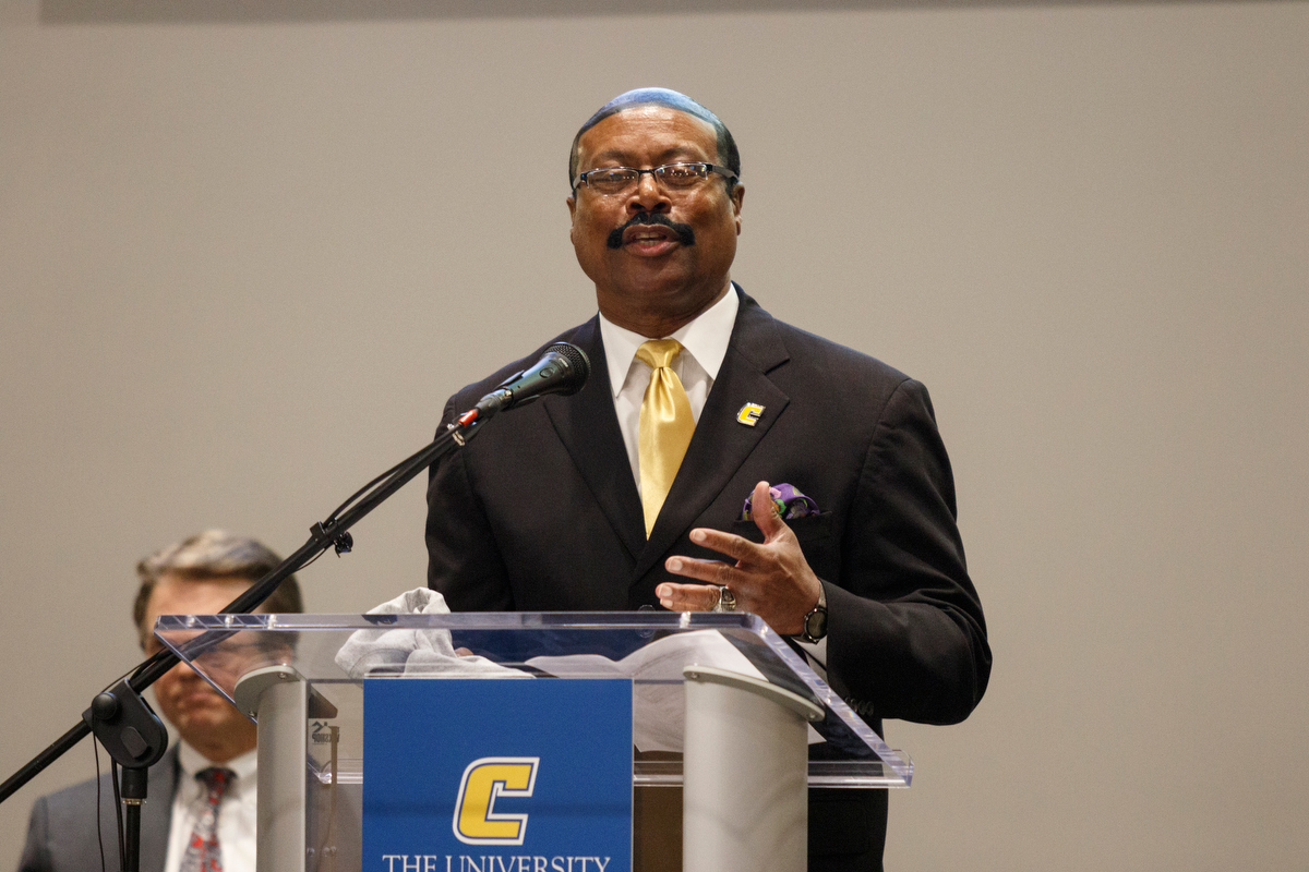 Executive Vice Chancellor Richard Brown speaks during a visit to the campus of the University of Tennessee at Chattanooga on Thursday, Nov. 8, 2018, in Chattanooga, Tenn. Gov. Haslam released the fifth annual report by the Employment First Task Force during the visit, which shows the task force's efforts to increase employment for people with disabilities.