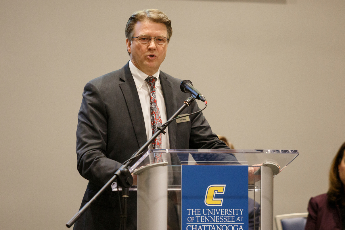 Orange Grove Center Executive Director Kyle Hauth speaks during a visit by Gov. Bill Haslam to the campus of the University of Tennessee at Chattanooga on Thursday, Nov. 8, 2018, in Chattanooga, Tenn. Gov. Haslam released the fifth annual report by the Employment First Task Force during the visit, which shows the task force's efforts to increase employment for people with disabilities.
