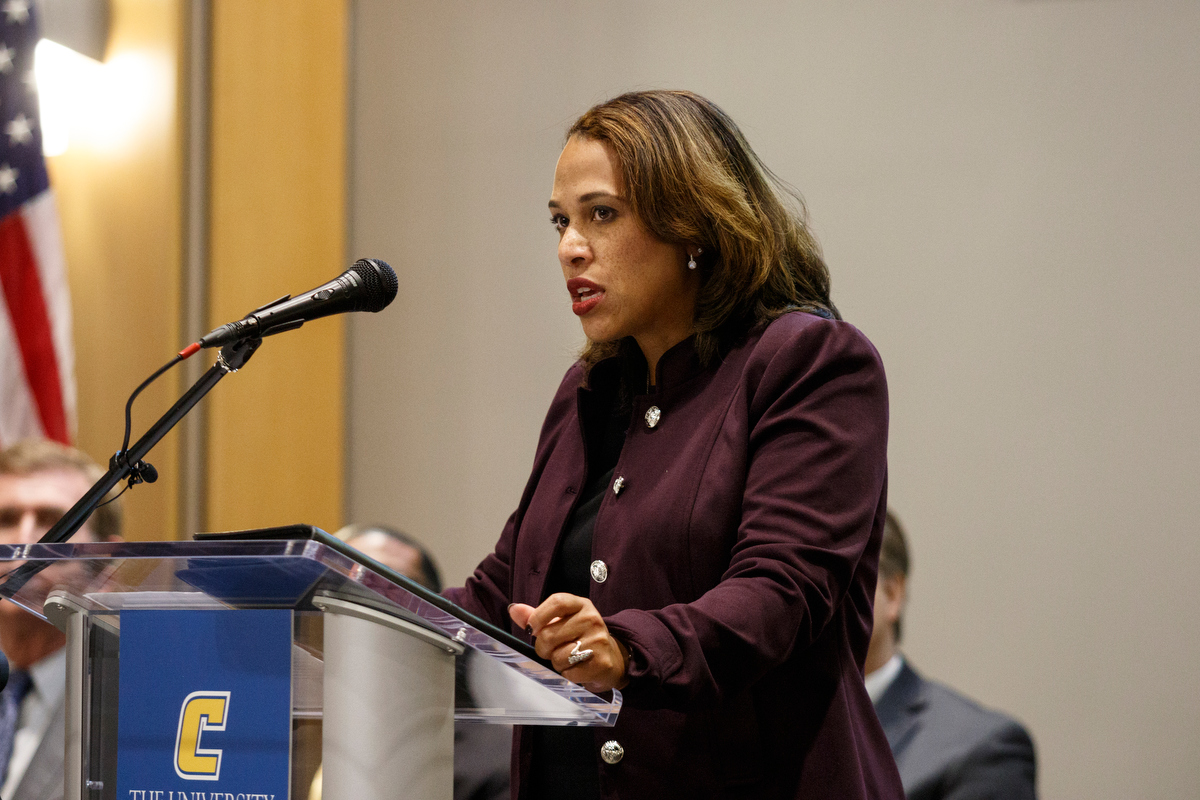 State Commissioner of Human Services Danielle Barnes speaks during a visit to the campus of the University of Tennessee at Chattanooga on Thursday, Nov. 8, 2018, in Chattanooga, Tenn. Gov. Haslam released the fifth annual report by the Employment First Task Force during the visit, which shows the task force's efforts to increase employment for people with disabilities.