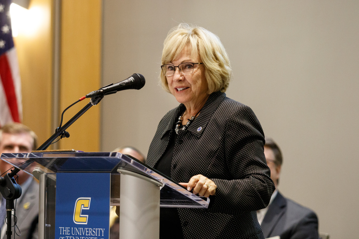 DIDD Commissioner Debbie Payne speaks during a visit to the campus of the University of Tennessee at Chattanooga on Thursday, Nov. 8, 2018, in Chattanooga, Tenn. Gov. Haslam released the fifth annual report by the Employment First Task Force during the visit, which shows the task force's efforts to increase employment for people with disabilities.