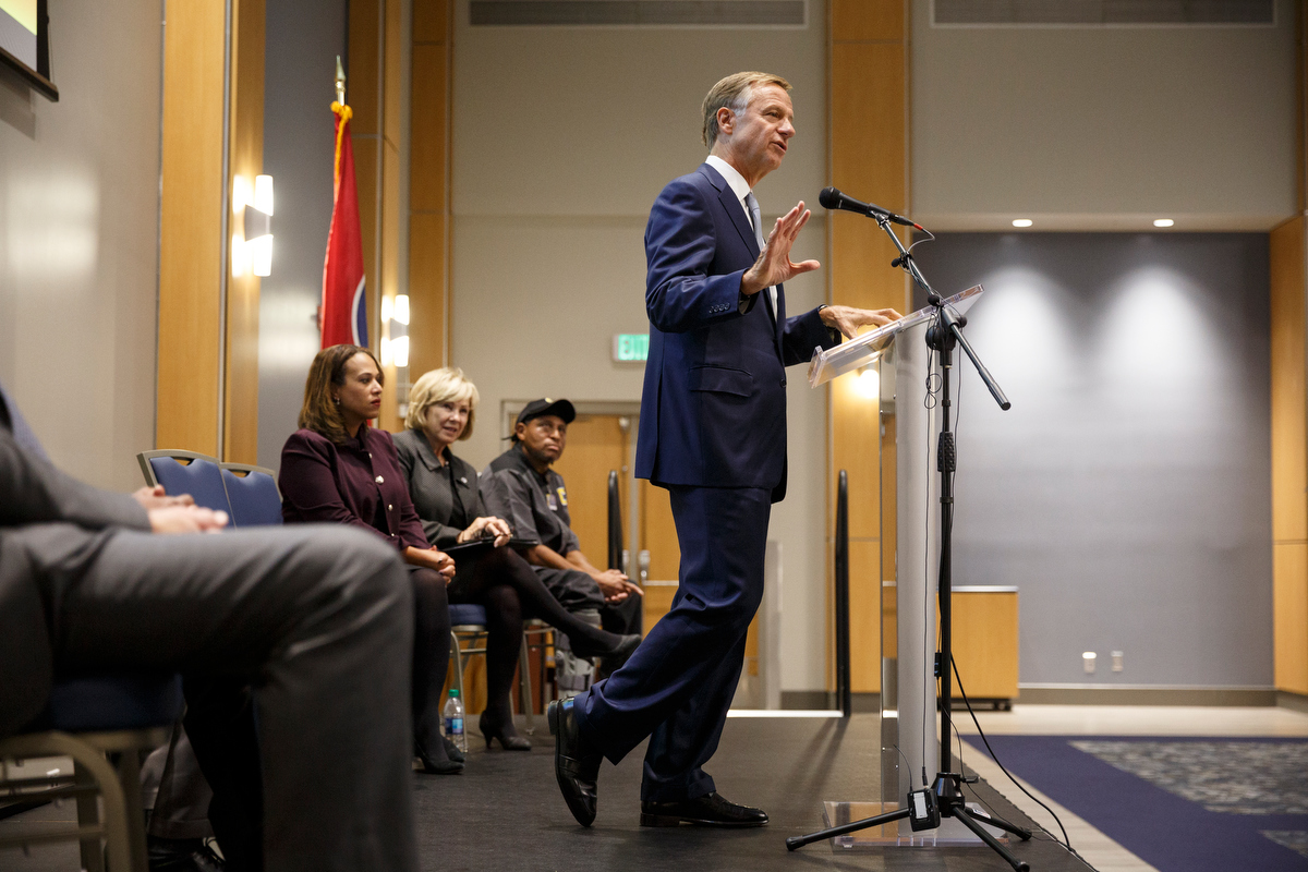 Gov. Bill Haslam speaks during a visit to the campus of the University of Tennessee at Chattanooga on Thursday, Nov. 8, 2018, in Chattanooga, Tenn. Gov. Haslam released the fifth annual report by the Employment First Task Force during the visit, which shows the task force's efforts to increase employment for people with disabilities.