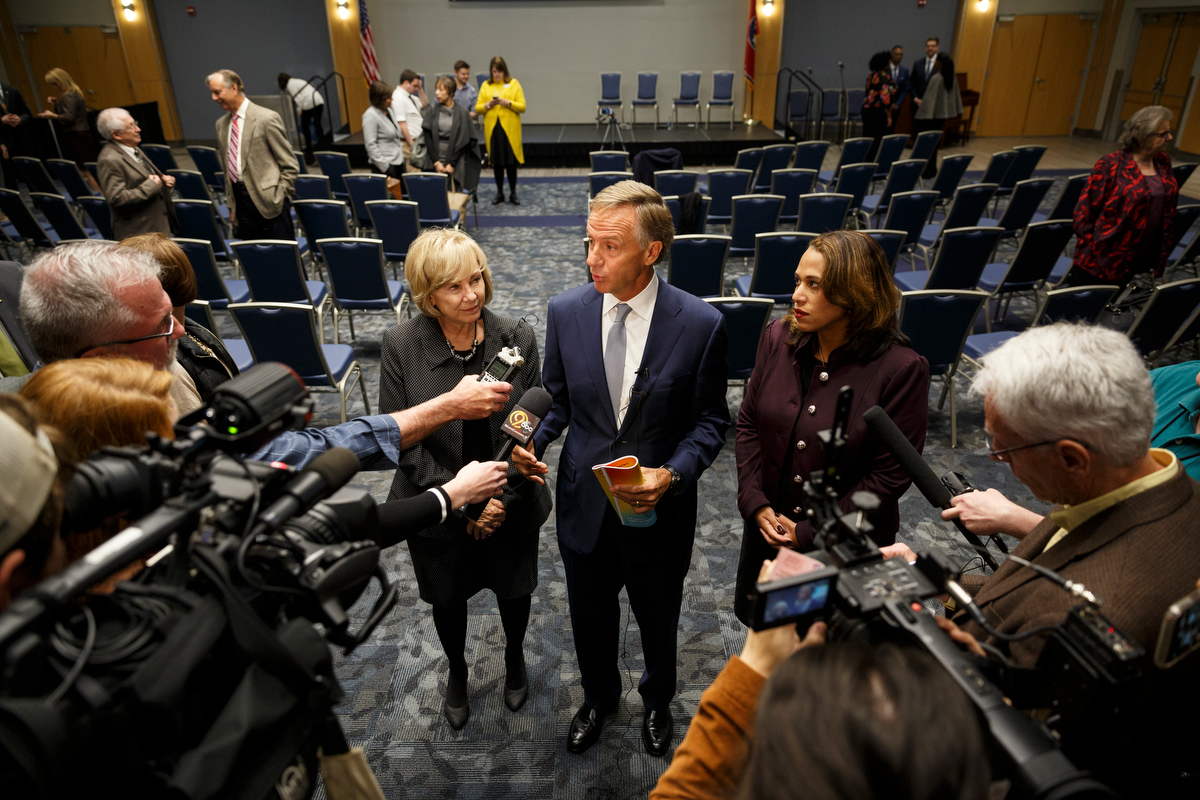 Gov. Bill Haslam, center, answers questions with state Commissioner of Human Services Danielle Barnes, right, and Commissioner of the DIDD Debbie Payne during a visit to the campus of the University of Tennessee at Chattanooga on Thursday, Nov. 8, 2018, in Chattanooga, Tenn. Gov. Haslam released the fifth annual report by the Employment First Task Force during the visit, which shows the task force's efforts to increase employment for people with disabilities.