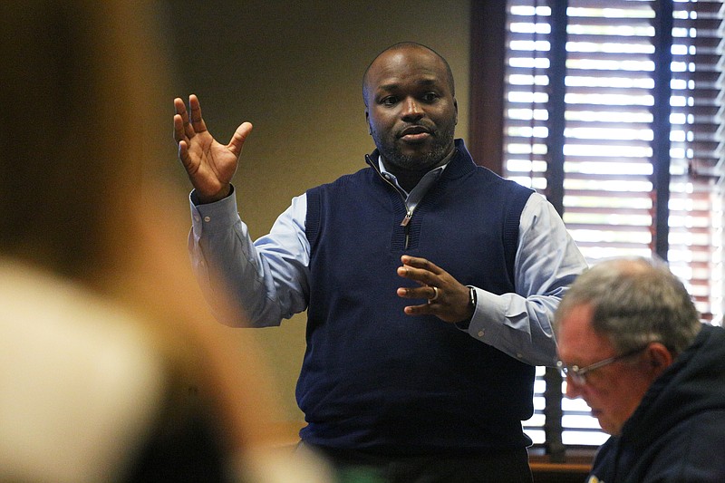 Hamilton County Schools Superintendent Bryan Johnson speaks with board members during a Hamilton County Board of Education retreat Saturday, November 10, 2018 at Chattanooga State Community College in Chattanooga, Tennessee. Main topics of discussion during the retreat included facilities, maintenance, transportation and the bus contract with Durham Services. 