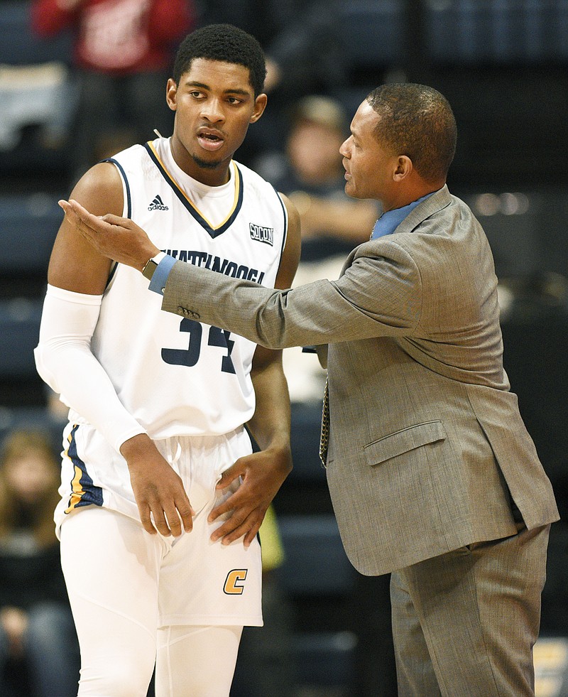 Mocs's head coach Lamont Paris instructs Kevin Easley (34).  The University of Tennessee at Chattanooga Mocs hosted the Eastern Kentucky Colonels in men's basketball at McKenzie Arena on November 10, 2018.  