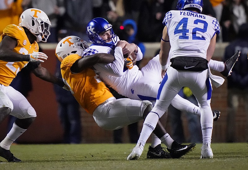 Tennessee's Darrell Taylor makes a tackle during the third quarter of Saturday's game against Kentucky in Knoxville.
