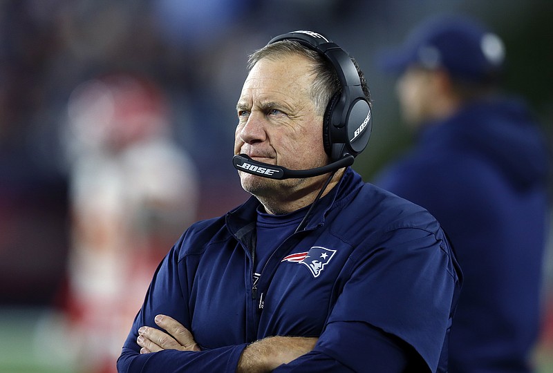FILE - In this Sunday, Oct. 14, 2018 file photo, New England Patriots head coach Bill Belichick watches from the sideline during the second half of an NFL football game against the Kansas City Chiefs in Foxborough, Mass. Mike Vrabel won three Super Bowl rings playing linebacker and goal-line pass threat for Bill Belichick in New England. Now the rookie head coach gets his first crack at his former coach when Vrabel's Titans host former teammate Tom Brady and the Patriots in a game Tennessee desperately needs. (AP Photo/Michael Dwyer, File)