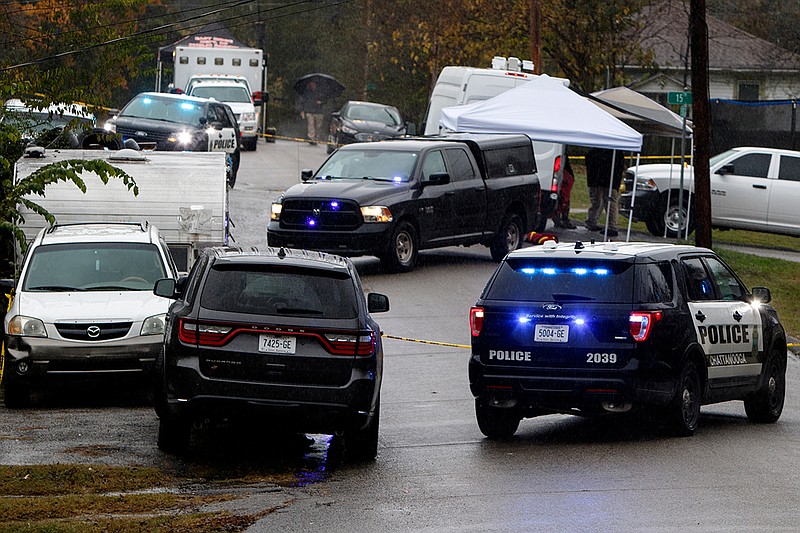 Authorities investigate a shooting along the 5000 block of 15th Avenue on Monday, Nov. 12, 2018 in Chattanooga, Tenn.
