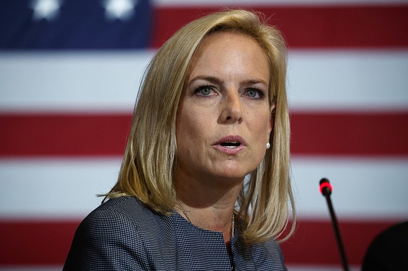 FILE - In this May 23, 2018 file photo, Secretary of Homeland Security Kirstjen Nielsen speaks during a roundtable on immigration policy with President Donald Trump at Morrelly Homeland Security Center, in Bethpage, N.Y. President Donald Trump has soured on Homeland Security Secretary Kirstjen Nielsen and she is expected to leave her job as soon as this week. That's according to two people who spoke to the Associated Press on condition of anonymity. (AP Photo/Evan Vucci)

