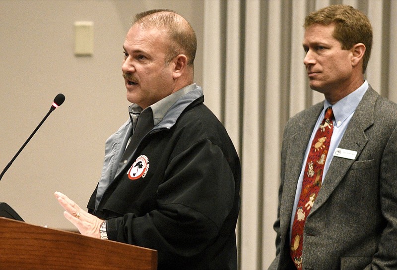 Society Executive Director Bob Citrullo answers a question as Society President of the Board of Directors Dr. Tai Federico listens. The Humane Educational Society renewed its efforts to get a new $10 million shelter to replace its current building. This morning, commissioners discussed at their meeting on Nov. 14, 2018 whether to move forward on a vote next week.