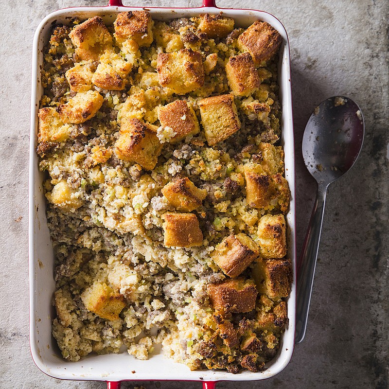 This undated photo provided by America's Test Kitchen in October 2018 shows homemade cornbread dressing in Brookline, Mass. This recipe appears in "The Complete Make-Ahead Cookbook." (Joe Keller/America's Test Kitchen via AP)