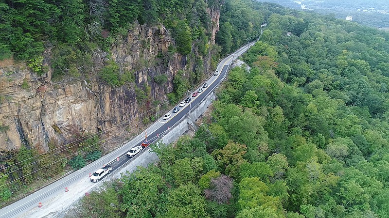 This photograph taken in October from a Tennessee Department of Transportation drone shows the progress of repairs to damage from a rock slide on U.S. Highway 127 on Signal Mountain. Drones are becoming more commonly used in assessing damage and documenting project progress.