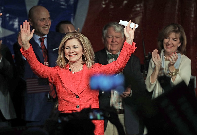 Rep. Marsha Blackburn, R-Tenn., greets supporters after she was declared the winner over former Gov. Phil Bredesen in their race for the U.S. Senate Tuesday, Nov. 6, 2018, in Franklin, Tenn. (AP Photo/Mark Humphrey)