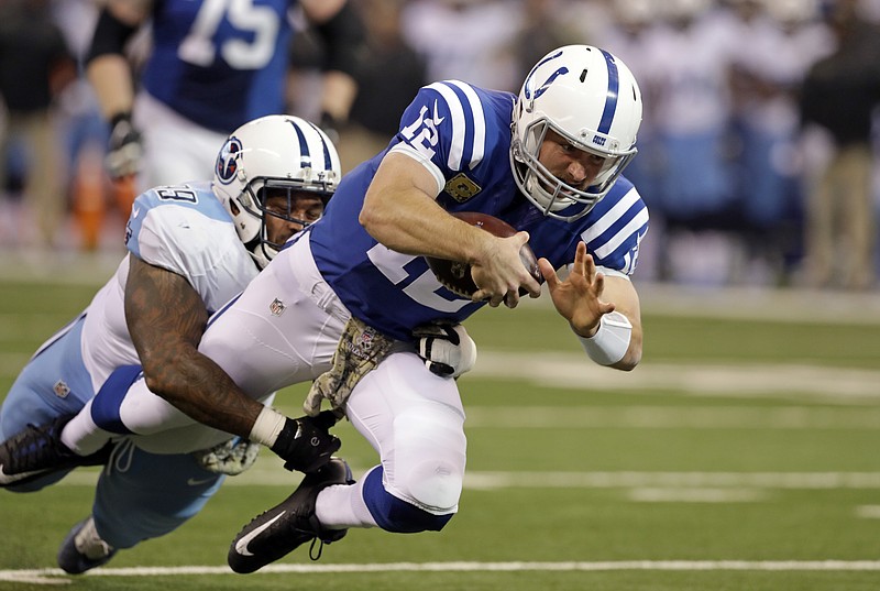 Tennessee Titans defensive tackle Jurrell Casey tackles Indianapolis Colts quarterback Andrew Luck during a November 2016 game in Indianapolis. Luck is 9-0 all-time against the Titans.