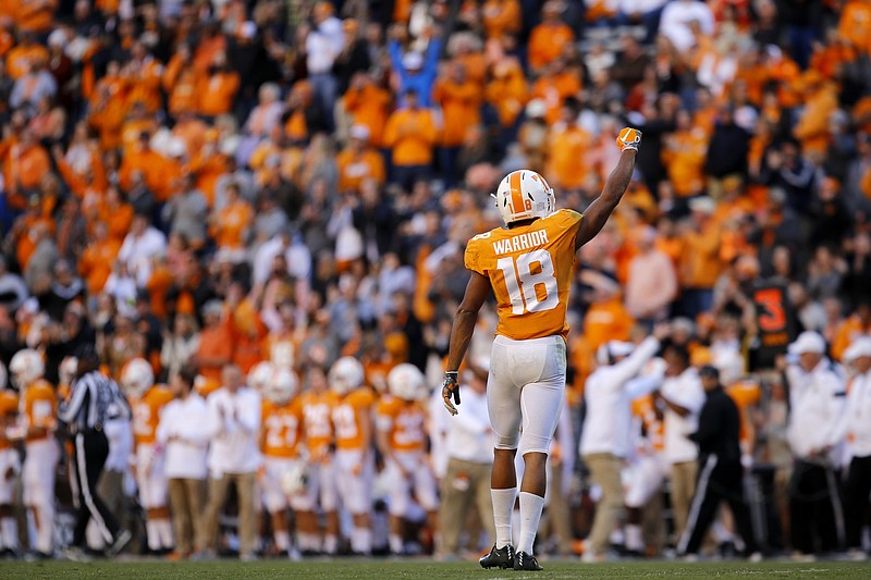 Tennessee defensive back Nigel Warrior (18) signals a fourth down against Missouri during a Southeastern Conference football game at Neyland Stadium on Saturday, Nov. 17, 2018 in Knoxville, Tenn.