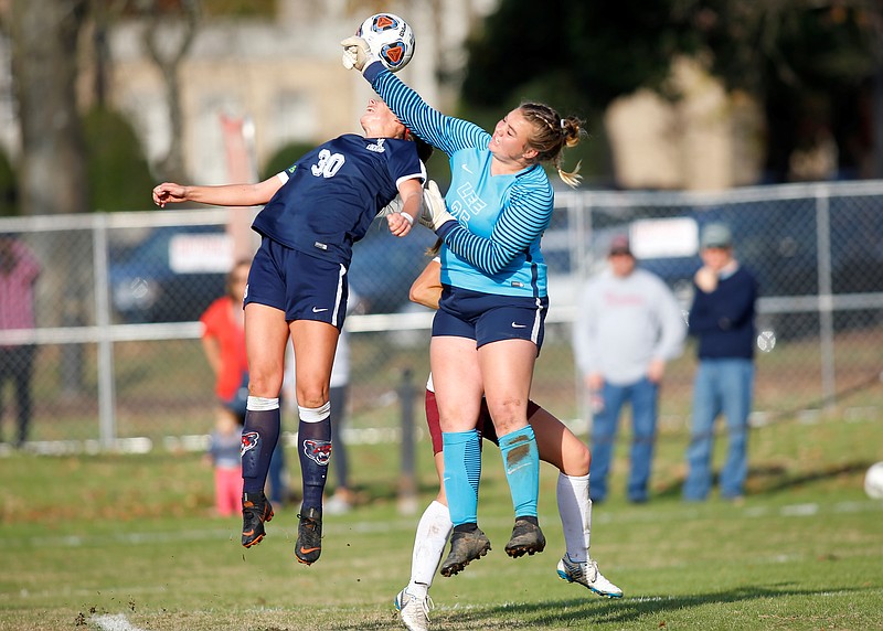 Lee University goalkeeper Taylor Green makes one of her six saves in Sunday's 1-0 upset of third-ranked Columbus State in a Division II national quarterfinal at Lee.