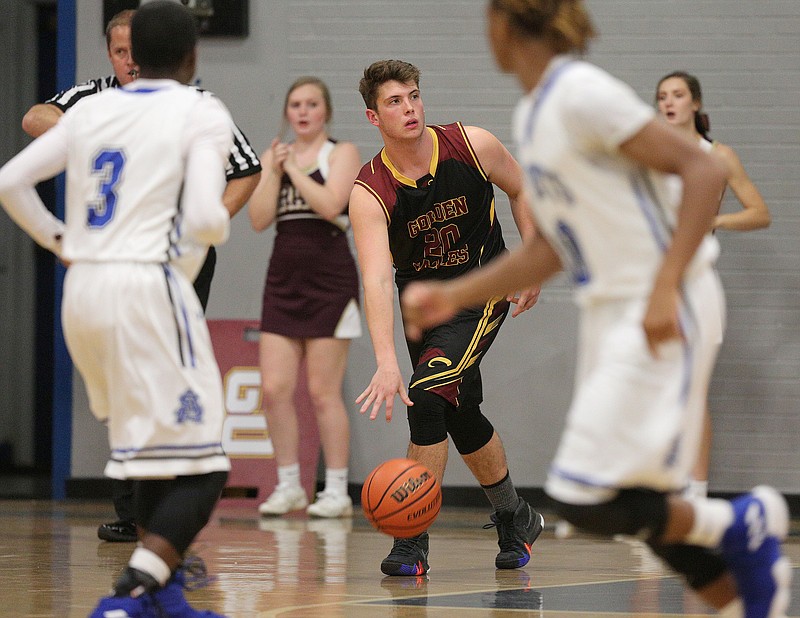 Grace Academy's Nick Billingsley (20) dribbles the ball downcourt during the Grace Academy vs. Chattanooga School for the Arts and Sciences boys' basketball game Monday, November 19, 2018 at CSAS in Chattanooga, Tennessee. 