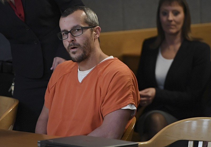 Christopher Watts sits in court for his sentencing hearing at the Weld County Courthouse on Monday, Nov. 19, 2018, in Greeley, Colo. Watts received three consecutive life sentences without a chance at parole on Monday, nearly two weeks after pleading guilty to avoid the death penalty. (RJ Sangosti/The Denver Post via AP, Pool)

