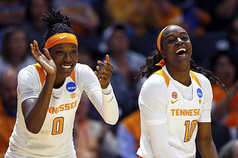 Tennessee's Rennia Davis, left, and Meme Jackson celebrate during the Lady Vols' win against Liberty in the first round of the NCAA tournament this past March in Knoxville. The Lady Vols won the Junkanoo Jam tournament's Junkanoo Division on Saturday in the Bahamas, with Davis and Jackson playing central roles.