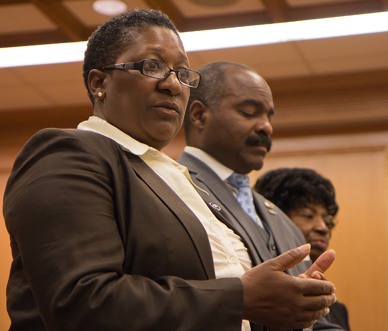 State Rep. Karen Camper speaks at a news conference Nashville, Tenn, in this 2011 file photo. Camper was chosen Sunday evening to be Tennessee's House minority party leader. (AP Photo/Erik Schelzig)