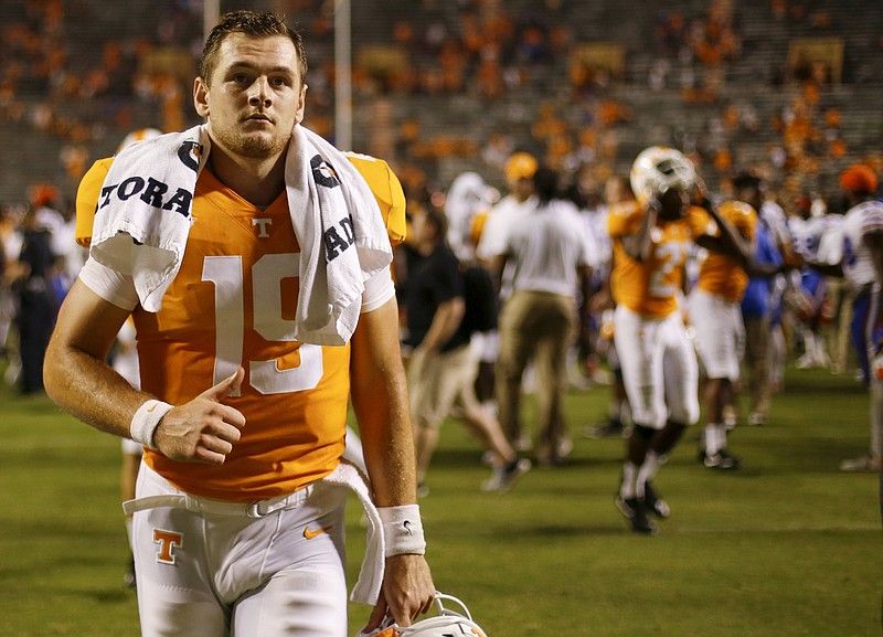 Tennessee quarterback Keller Chryst walks off the field after the Vols' loss to Florida on Sept. 22 in Knoxville.