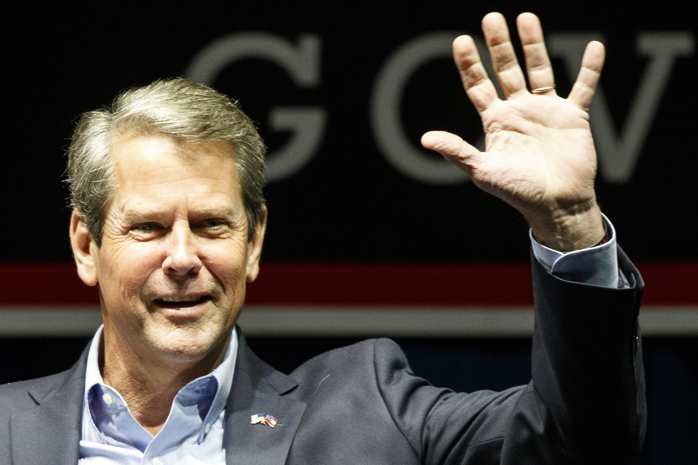 Republican gubernatorial candidate Brian Kemp waves to the crowd during a "Get Out The Vote" rally at the Dalton Convention Center on Thursday, Nov. 1, 2018 in Dalton, Ga. Republican Brian Kemp is facing off against Democrat Stacey Abrams for governor in Georgia.