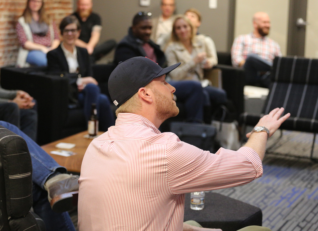David Martin of Heed PR asks questions of panelists during the Startups with your Spouse session in the Tomorrow Building during Startup Week Monday, October 22, 2018 in Chattanooga, Tennessee. Martin and his wife, Natalie Martin, are cofounders of Heed PR served as the hosts of the event.
