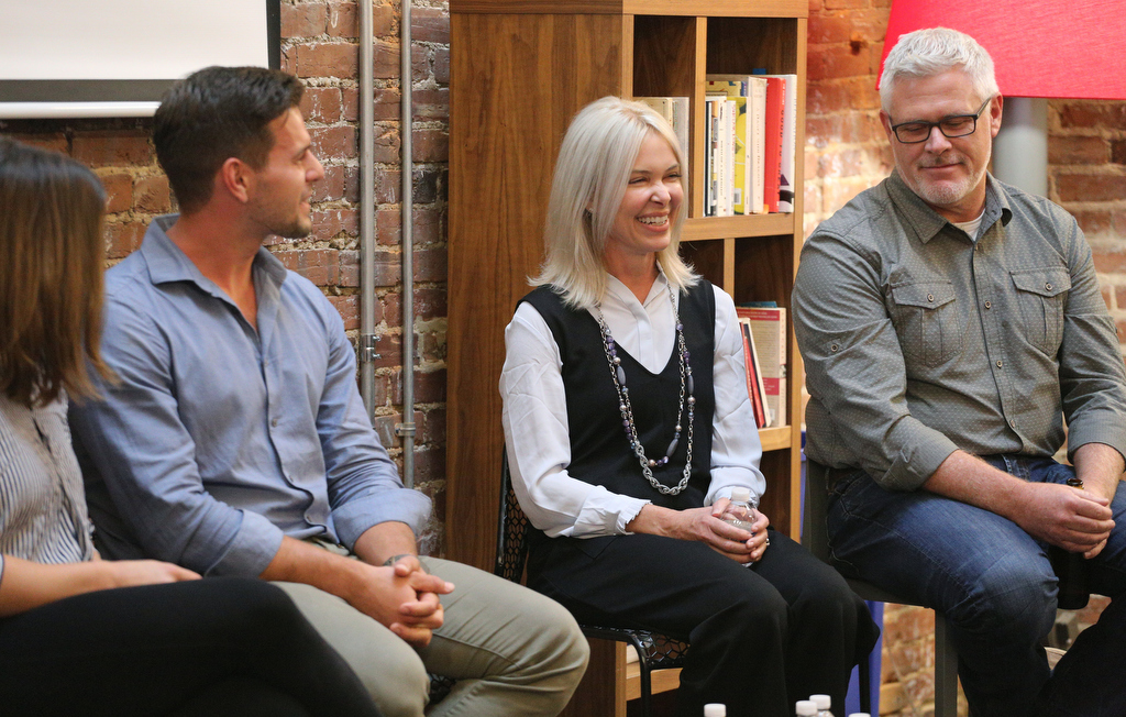 Jamey and Brian Elrod with Text Request introduce themselves during the Startups with your Spouse session in the Tomorrow Building during Startup Week Monday, October 22, 2018 in Chattanooga, Tennessee. The six panelists spoke about the ups and downs of owning a business with their significant others.
