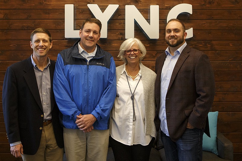 Vice President of Operations Keith Gray, left, CFO Brent Goldberg, President Cindy Lee and Vice President of Sales Mathew Soloff pose at LYNC Logistics on Friday, Nov. 9, 2018 in Chattanooga, Tenn.