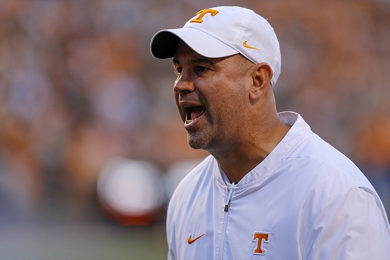 Tennessee football coach Jeremy Pruitt yells at an official during an SEC East matchup with Missouri on Nov. 17 in Knoxville.