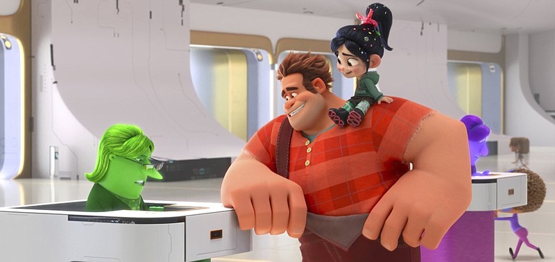 This image released by Disney shows characters, from left, eBay Elayne, voiced by Rebecca Wisocky, Ralph, voiced by John C. Reilly and Vanellope von Schweetz, voiced by Sarah Silverman in a scene from "Ralph Breaks the Internet." (Disney via AP)

