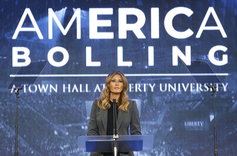 First lady Melania Trump speaks during a town hall meeting on opioid addiction at Liberty University in Lynchburg, Va., Wednesday, Nov. 28, 2018. (AP Photo/Steve Helber)