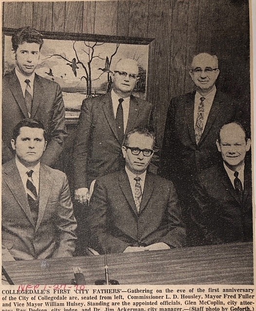 This 1970 newspaper clipping shows the City of Collegedale's first "city fathers." Seated, from left, are L.D. Houseley, Mayor Fred Fuller and Vice Mayor William Hulsey. Standing, from left, are Glenn McCoplin, city attorney; Ray Dodson, city judge; and Dr. Jim Ackerman, city manager.