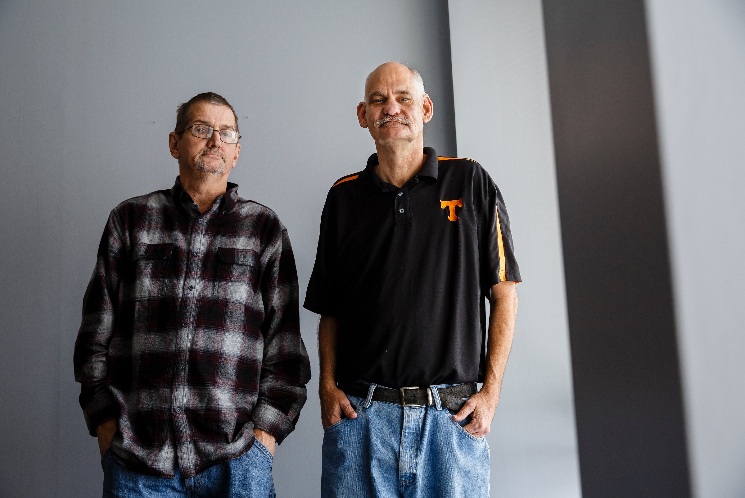 Todd Barksdale, right, poses for a portrait with his friend Senate Bush, who helped give him rides while his truck was broken down, at the Partnership for Families, Children and Adults on Thursday, Nov. 29, 2018, in Chattanooga, Tenn. Mr. Barksdale received aid from the Neediest Cases Fund to help repair his truck after dedicating years of his own service to the Partnership for Families, Children and Adults' Services for the Deaf and Hard of Hearing program.