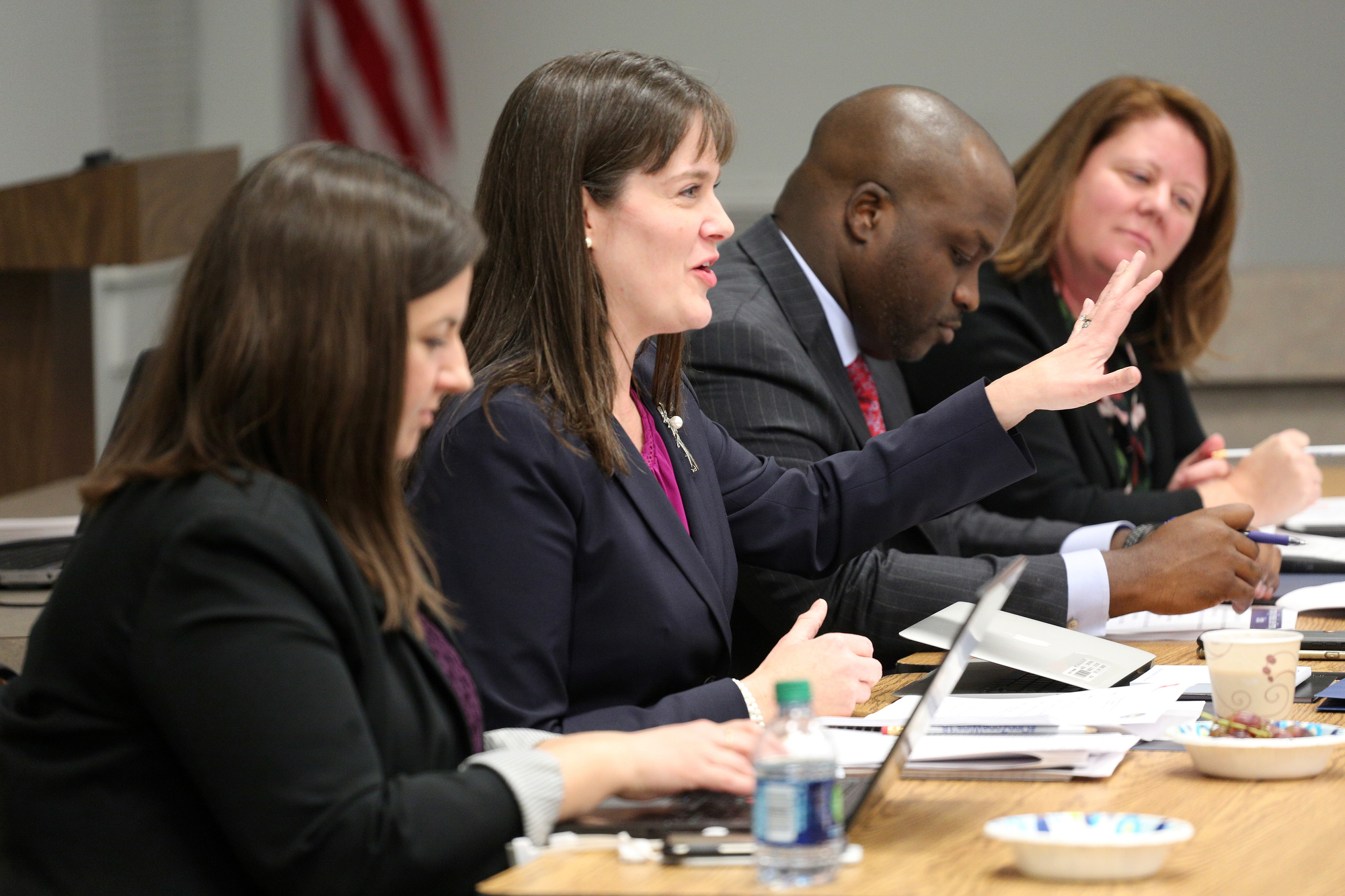 Candice McQueen, the commissioner of education for Tennessee, introduces Gary Henry and Sharon Griffin during a workshop Monday, December 3, 2018 at the Hamilton County Schools Board of Education office in Chattanooga, Tennessee.