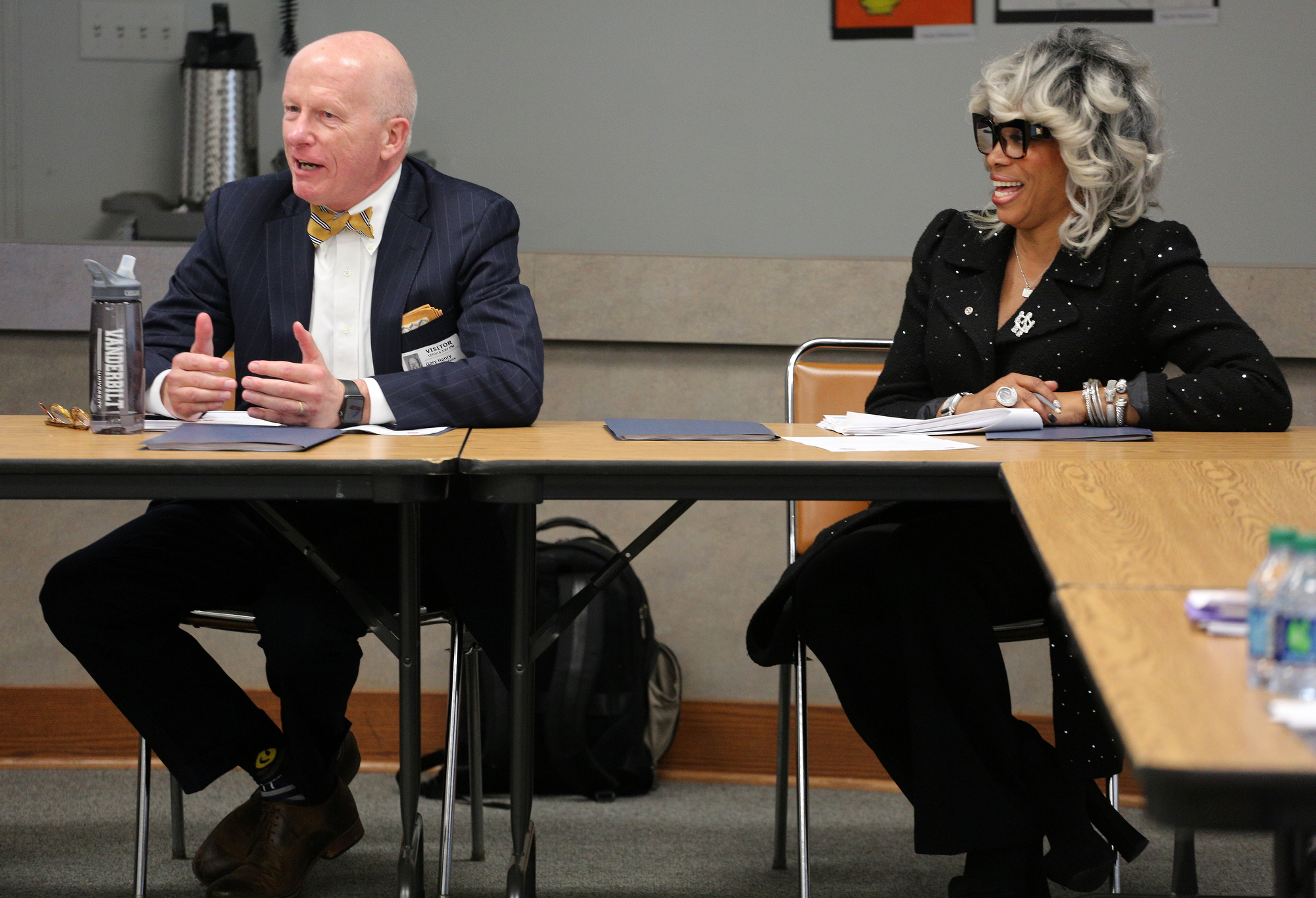 At left, Gary Henry, a professor at Vanderbilt and researcher, speaks about principles for improving Tennessee's lowest performing schools as Sharon Griffin listens in during a workshop Monday, December 3, 2018 at the Hamilton County Schools Board of Education office in Chattanooga, Tennessee.
