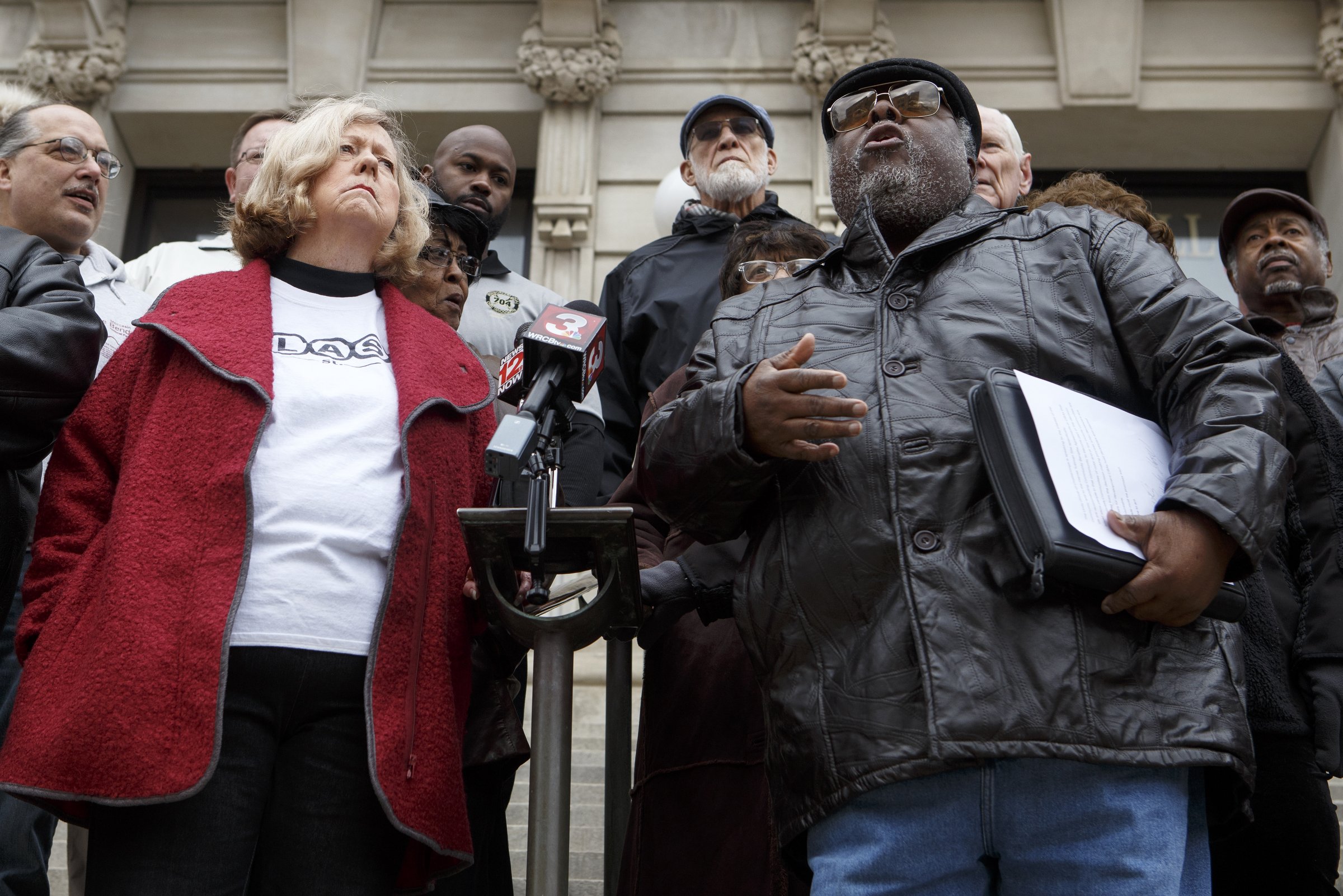 Unity Group of Chattanooga Chairman Sherman Matthews, right, speaks during a public statement by the Unity Group of Chattanooga about the former Harriet Tubman site on the steps of City Hall on Tuesday, Dec. 4, 2018 in Chattanooga, Tenn.