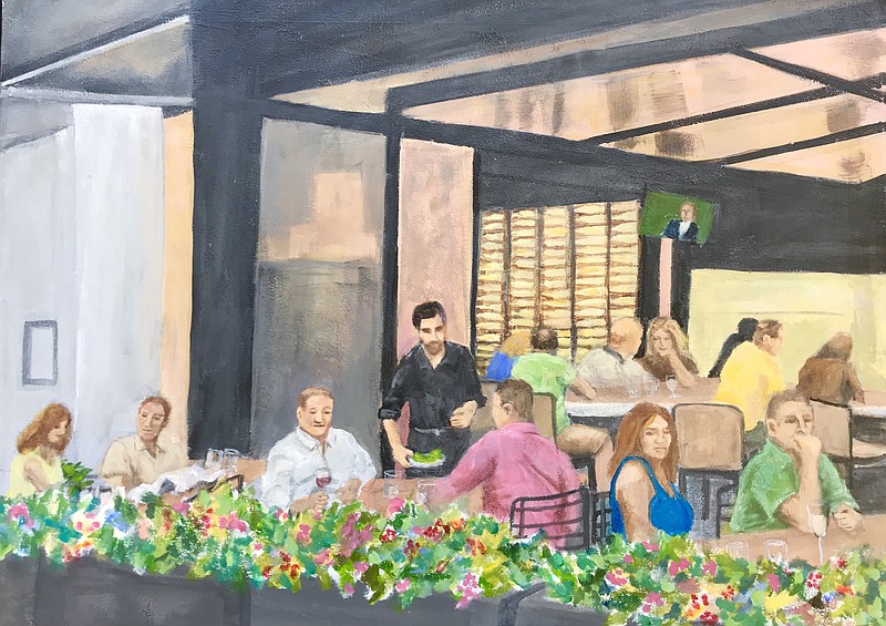 "Dining in West Village" depicts a scene in front of the former Gilman Paint store, now a restaurant. "There weren't art stores like Art Creations back then, so we would get our paints and brushes at Gilman's. It was kind of a funny feeling to come back and find it was now a restaurant," says artist Jennie Kirkpatrick.