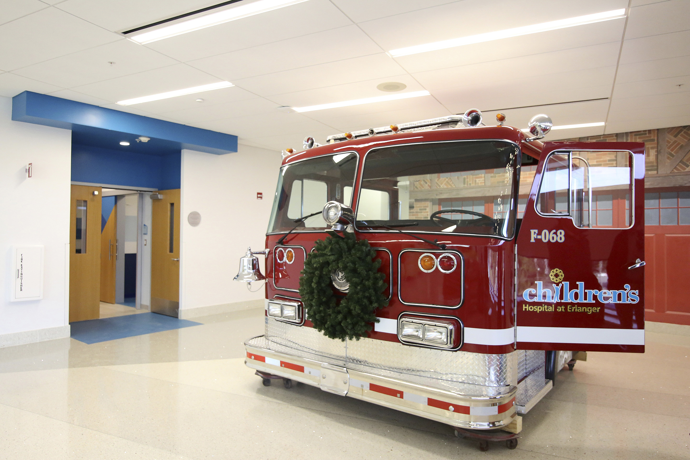 Staff photo by Erin O. Smith / A firetruck is in the lobby area of the third floor at Erlanger's new children's outpatient center Wednesday, Nov. 28, 2018 in Chattanooga, Tennessee. Children will be able to climb on and play inside the firetruck.