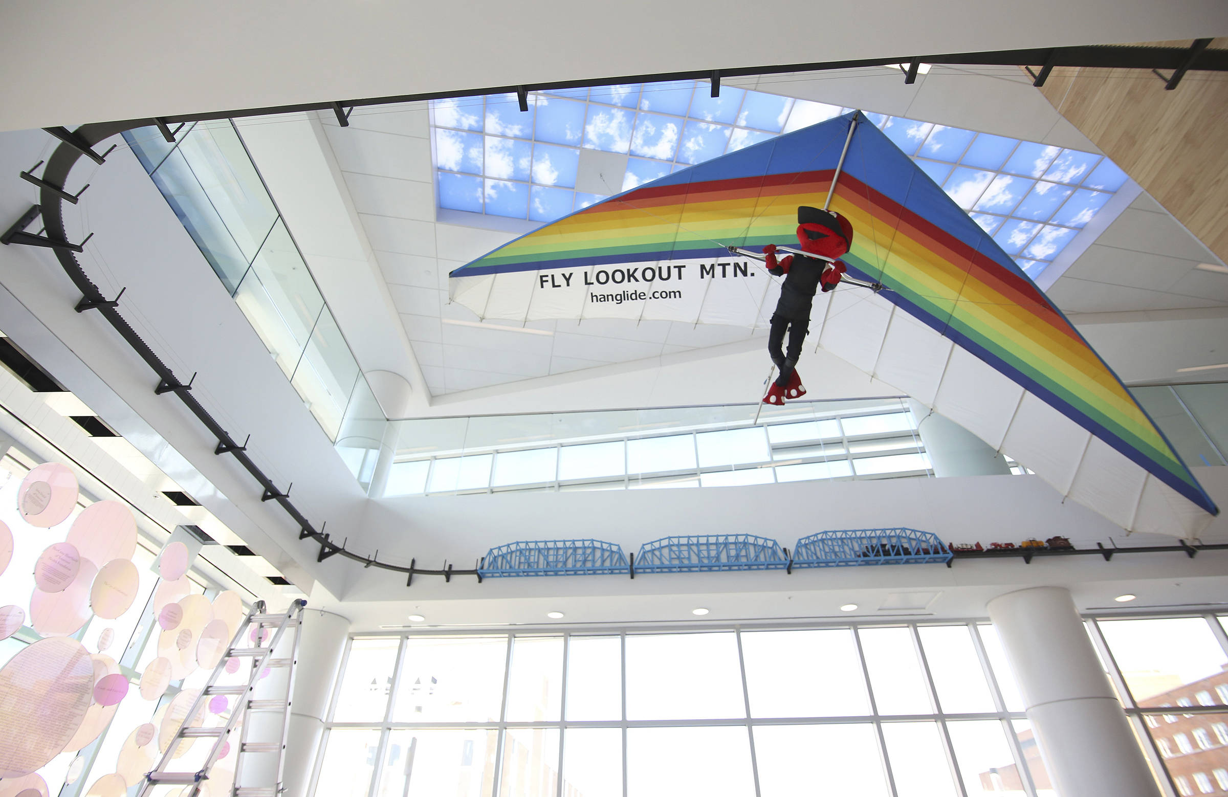 Staff photo by Erin O. Smith / Several items have been incorporated into the design of Erlanger's new children's outpatient center to make it more inviting Wednesday, Nov. 28, 2018 in Chattanooga, Tennessee. Some of the items include a model train that runs over a model of the Walnut Street Bridge, as well as Looie the Lookout hang gliding.
