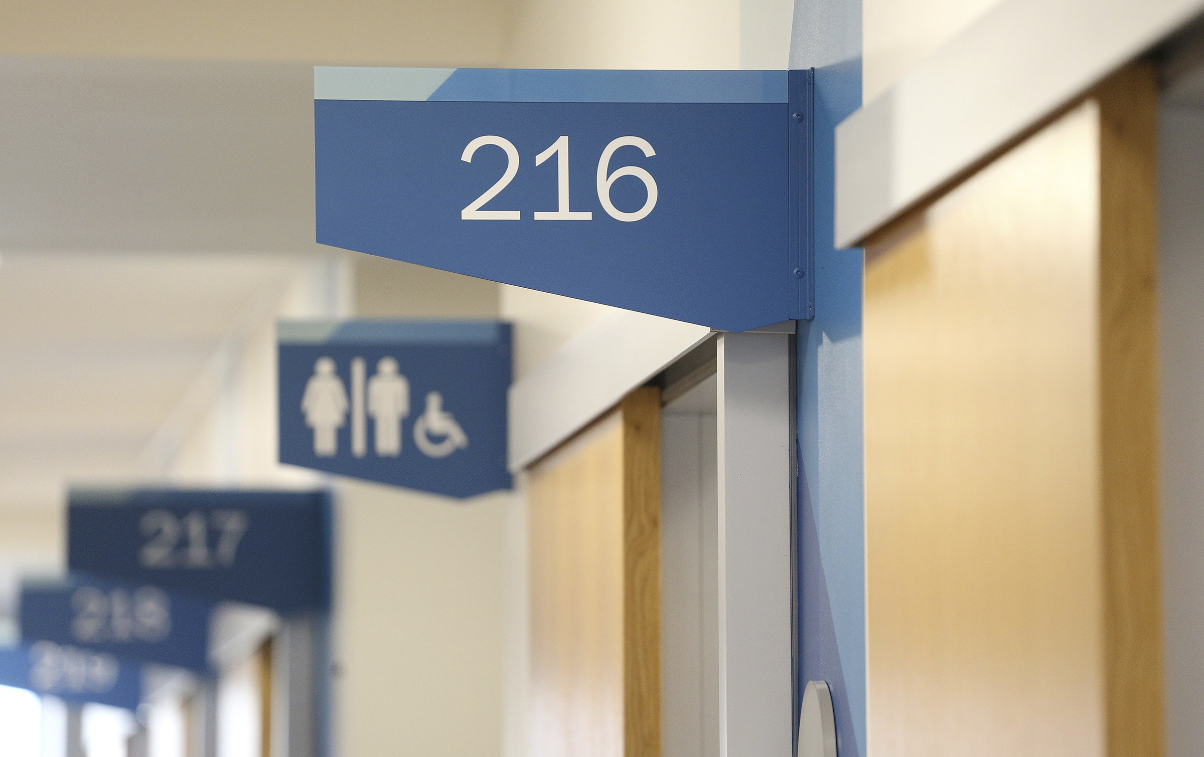 Staff photo by Erin O. Smith / Patient room numbers line a hall at Erlanger's new children's outpatient center Wednesday, Nov. 28, 2018 in Chattanooga, Tennessee. Each hallway at the center is designated by color instead of by line of service to make the facility more kid-friendly.