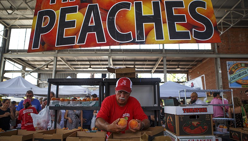 Larry Thigpen goes through boxes of peaches while working at the Hazelrig Orchards booth during Chattanooga Market's Peach Festival event at the First Tennessee Pavilion on Sunday, July 22, 2018 in Chattanooga, Tenn. Hazelrig Orchards is in Cleveland, Ala.