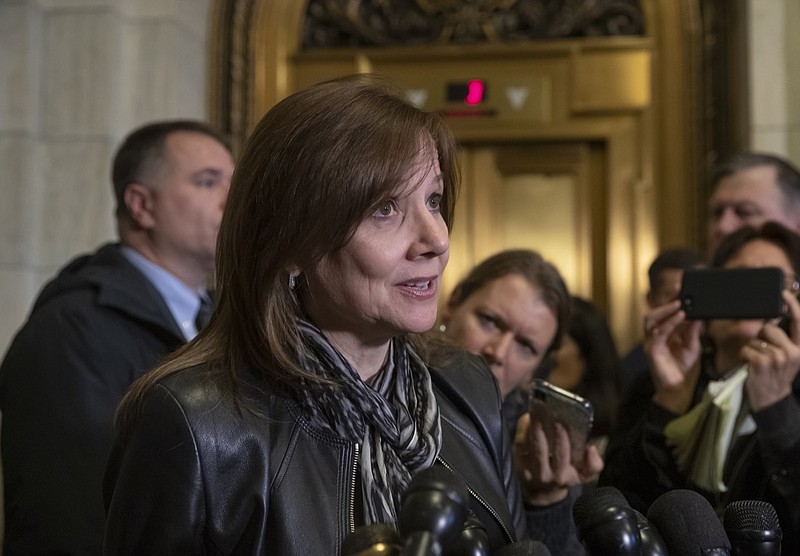 General Motors CEO Mary Barra speaks to reporters after a meeting with Sen. Sherrod Brown, D-Ohio, and Sen. Rob Portman, R-Ohio, to discuss GM's announcement it would stop making the Chevy Cruze at its Lordstown, Ohio, plant, part of a massive restructuring for the Detroit-based automaker, on Capitol Hill in Washington, Wednesday, Dec. 5, 2018. (AP Photo/J. Scott Applewhite)