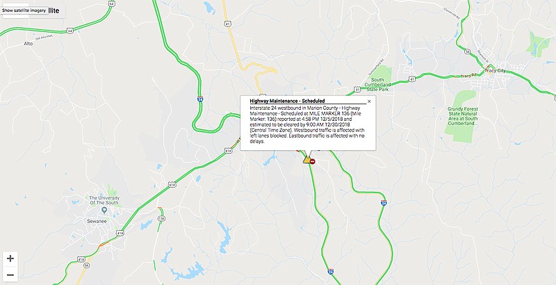 A recent rockfall on Interstate 24 West at mile marker 136.2 in Marion County near Monteagle resulted in several rocks spilling out onto the interstate and into the travel lanes, according to a Tennessee Department of Transportation news release. (Screenshot: smartway.tn.gov)