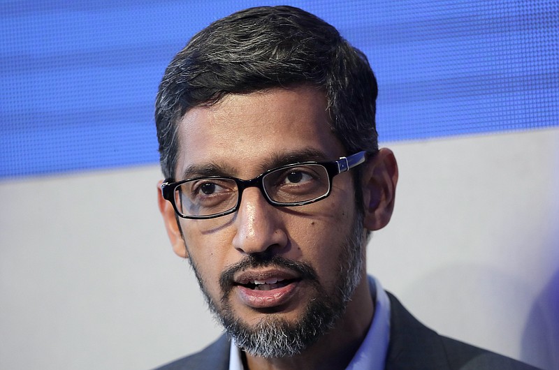 In this Jan. 24, 2018, file photo, Sundar Pichai, CEO of Google, speaks during a conversation as part of the annual meeting of the World Economic Forum in Davos, Switzerland. Pichai will testify next Tuesday at a congressional hearing on the company's business practices. (AP Photo/Markus Schreiber)