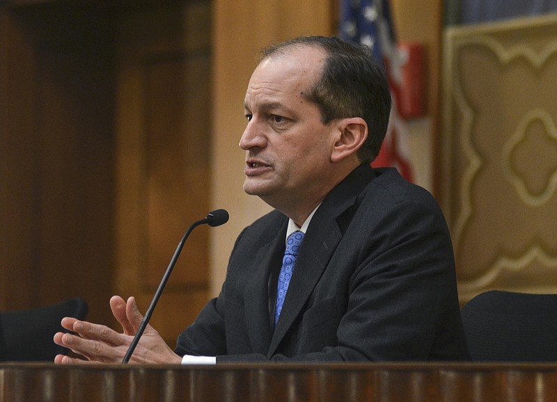 U.S. Secretary of Labor Alexander Acosta discusses how the Dept. of Labor can help individuals be prepared for retirement during panel discussion Friday, Nov. 9, 2018, at Indiana State University in Terre Haute, Ind. (Austen Leake/Tribune-Star via AP)