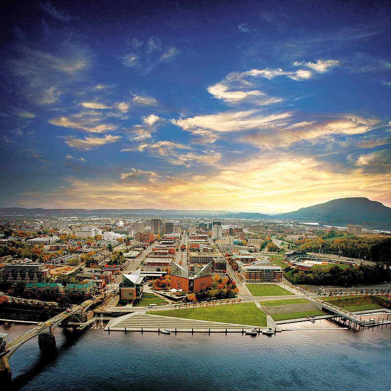 An aerial view of downtown Chattanooga. (Photo Courtesy of the Tennessee Aquarium)